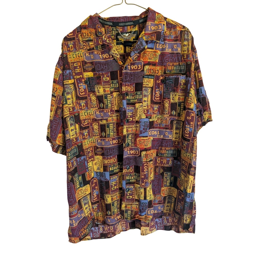 Harley Davidson Button Up Mens L Vintage License Plate Biker Camp Shirt